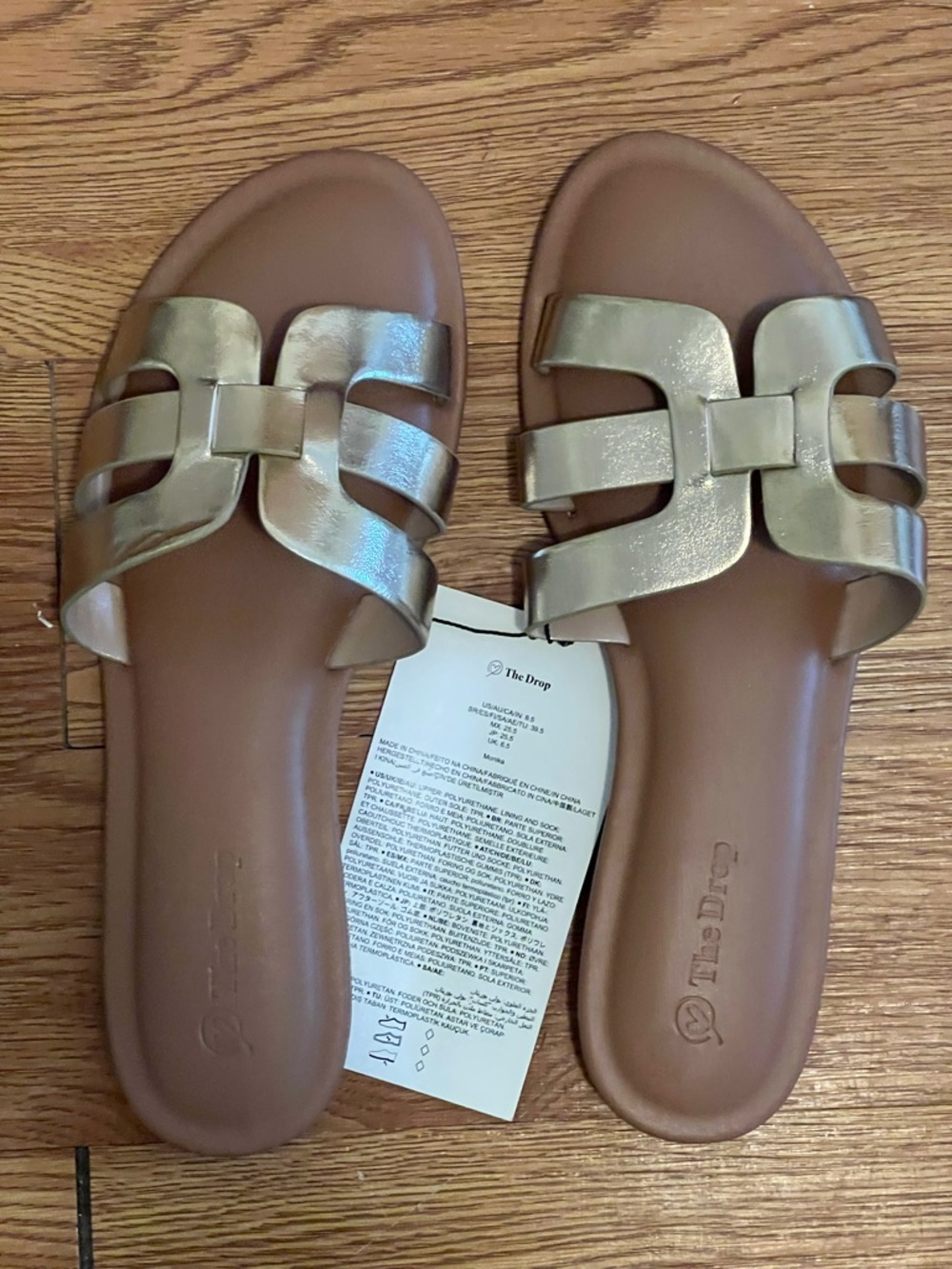 Women's The Drop Metallic Gold Slide Sandals - Brown Footbed Sz 8.5